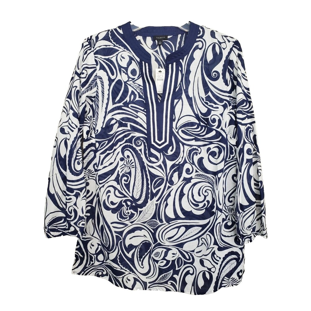 Talbots Cotton Blue Scroll Print Split Neck Light… - image 1